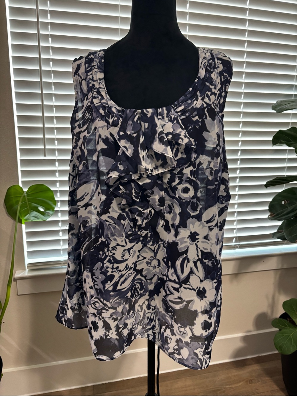 Anne Klein Navy and White Floral Ruffle Camisole